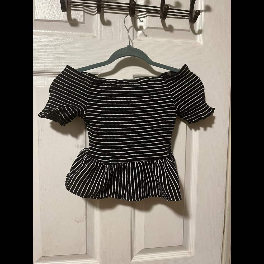 Who What Wear striped peplum smocked off the shoulder crop top XS